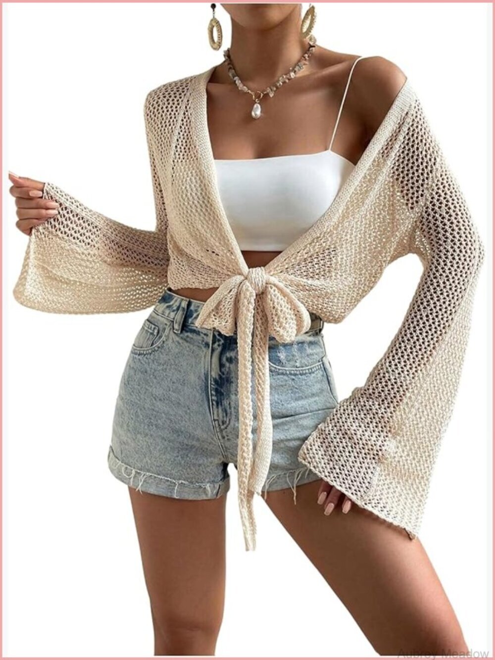 Hollow Out Kimono Cardigan Tie Front Crochet Beach Cover Up